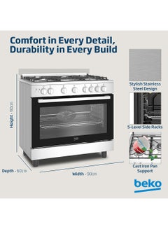 Beko 90x60cm Free Standing Gas Cooker, Full Safety, 5 High Efficiency Gas Burner(1 Wok), Cast Iron Pan Support, Conventional Fan Oven, 106 liters Oven Capacity, Catalytic Self Cleaning Oven Walls, Removable Door Glass for Cleaning BGGR 11127 GX Stainless Steel  - Image 5