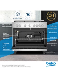 Beko 90x60cm Free Standing Gas Cooker, Full Safety, 5 High Efficiency Gas Burner(1 Wok), Cast Iron Pan Support, Conventional Fan Oven, 106 liters Oven Capacity, Catalytic Self Cleaning Oven Walls, Removable Door Glass for Cleaning BGGR 11127 GX Stainless Steel  - Image 2