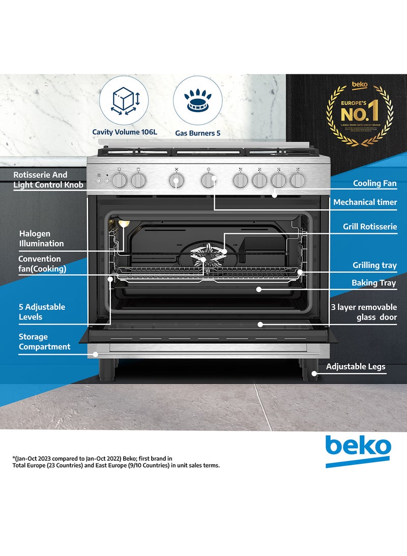 Beko 90x60cm Free Standing Gas Cooker, Full Safety, 5 High Efficiency Gas Burner(1 Wok), Cast Iron Pan Support, Conventional Fan Oven, 106 liters Oven Capacity, Catalytic Self Cleaning Oven Walls, Removable Door Glass for Cleaning BGGR 11127 GX Stainless Steel  - Image 2