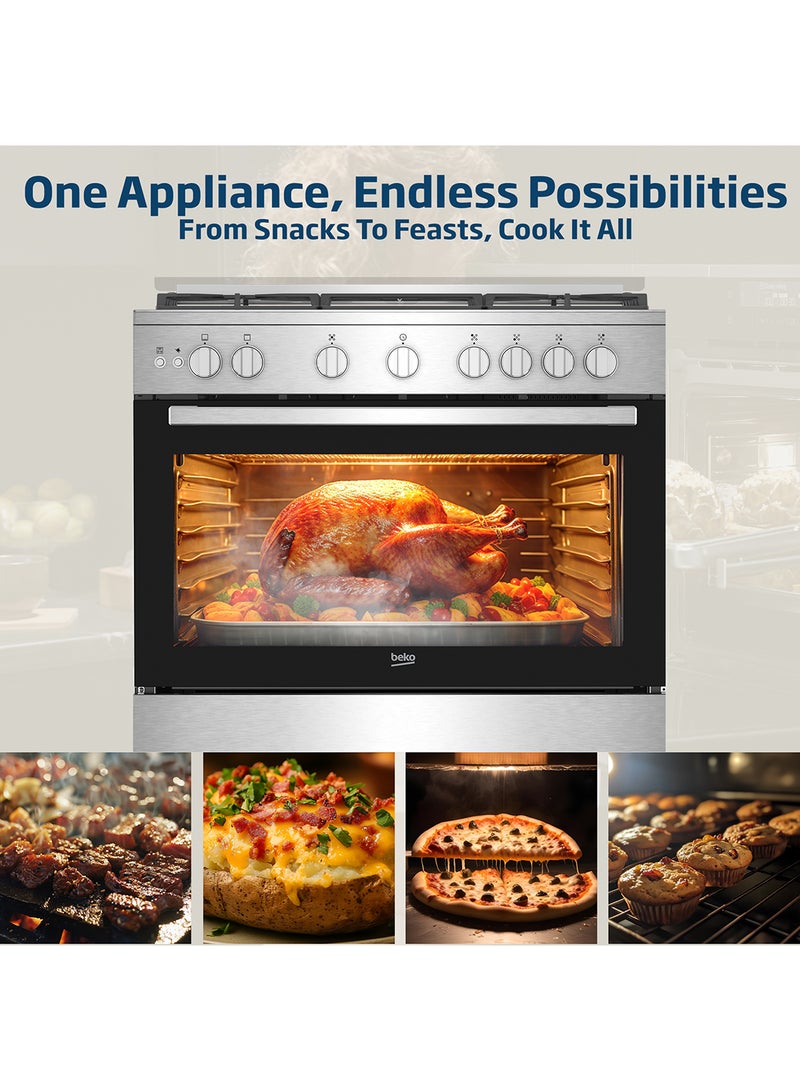 Beko 90x60cm Free Standing Gas Cooker, Full Safety, 5 High Efficiency Gas Burner(1 Wok), Cast Iron Pan Support, Conventional Fan Oven, 106 liters Oven Capacity, Catalytic Self Cleaning Oven Walls, Removable Door Glass for Cleaning BGGR 11127 GX Stainless Steel  - Image 4