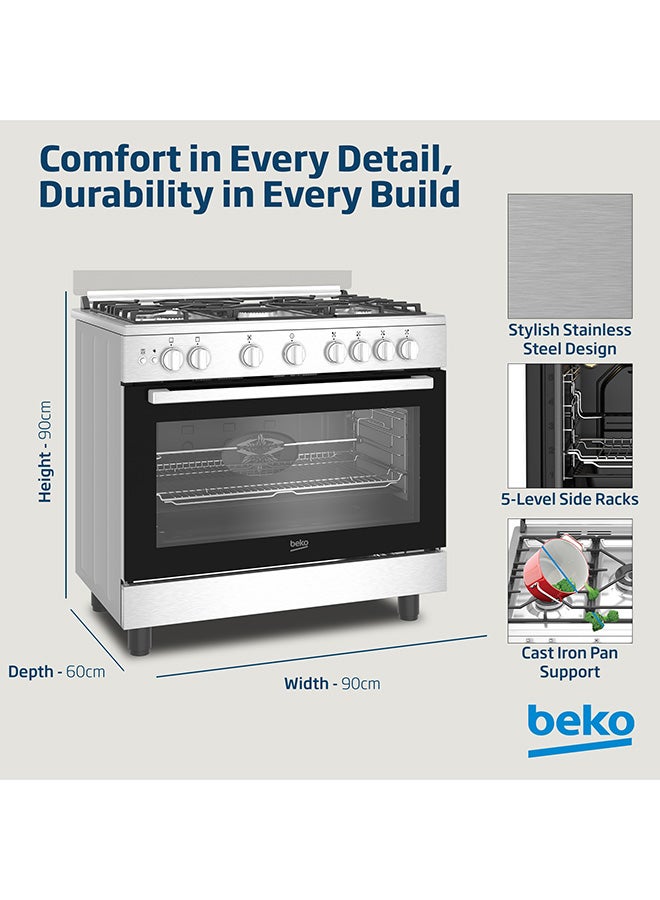 Beko 90x60cm Free Standing Gas Cooker, Full Safety, 5 High Efficiency Gas Burner(1 Wok), Cast Iron Pan Support, Conventional Fan Oven, 106 liters Oven Capacity, Catalytic Self Cleaning Oven Walls, Removable Door Glass for Cleaning BGGR 11127 GX Stainless Steel  - Image 4