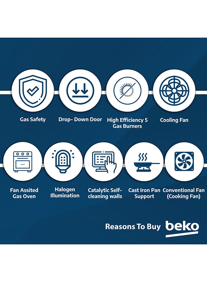 Beko 90x60cm Free Standing Gas Cooker, Full Safety, 5 High Efficiency Gas Burner(1 Wok), Cast Iron Pan Support, Conventional Fan Oven, 106 liters Oven Capacity, Catalytic Self Cleaning Oven Walls, Removable Door Glass for Cleaning BGGR 11127 GX Stainless Steel  - Image 5