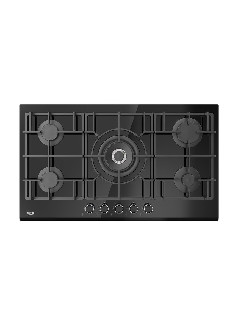 Beko 90cm Builtin Gas Hob, Full Safety, 5 High Efficiency Gas Burner, Cast-iron Pan Support, Integrated Ignition, Central Zone(4 Kw) Front-left Zone(1.8 Kw), Front-right Zone(1 kw), Rear-left Zone(1.8 kw), Rear-right Zone(3 kw) HISW 95225 SEL Black  - Image 1