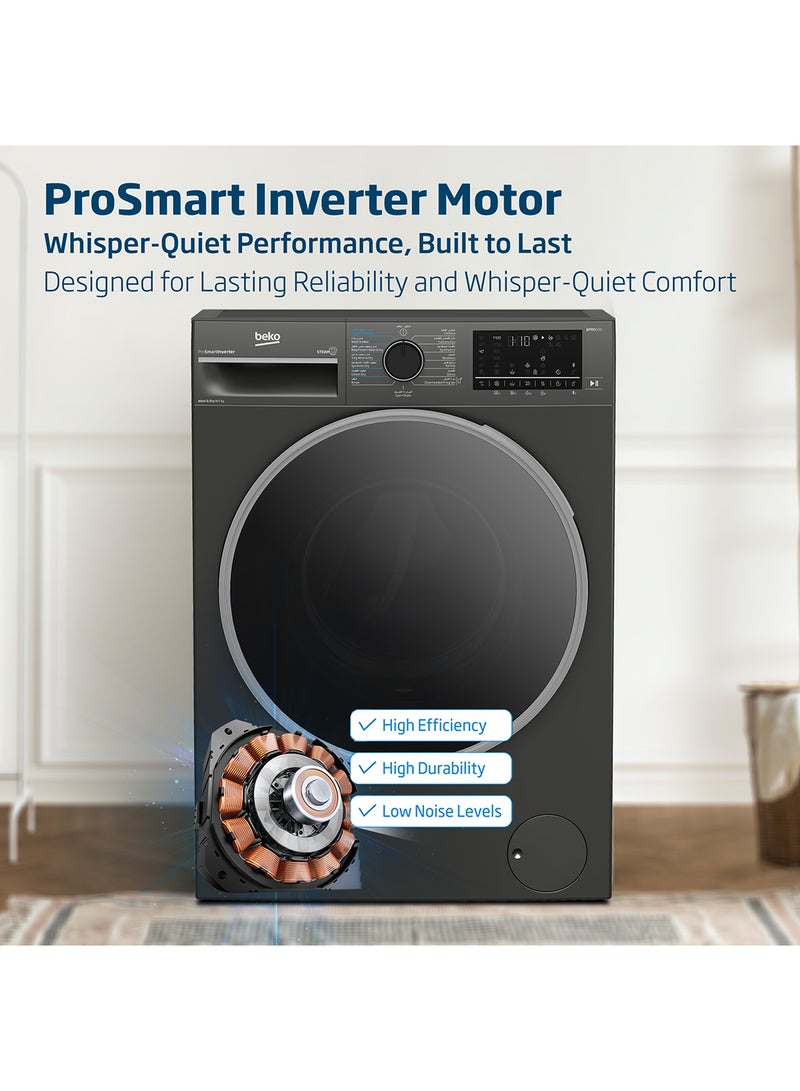 Beko - 8/5 kg Washer/Dryer, 1400 RPM, 15 Programmes, Low Noise, Wash & Wear Programme, SteamCure Wash, Hygiene+ Wash & Dry, Quick wash 14/28 Minutes, 10 Years Warranty on ProSmart Inverter Motor WD8514M Manhattan Grey - Image 1