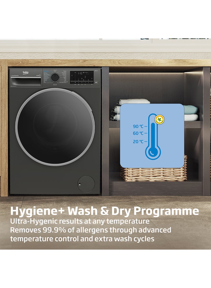 Beko - 8/5 kg Washer/Dryer, 1400 RPM, 15 Programmes, Low Noise, Wash & Wear Programme, SteamCure Wash, Hygiene+ Wash & Dry, Quick wash 14/28 Minutes, 10 Years Warranty on ProSmart Inverter Motor WD8514M Manhattan Grey - Image 1
