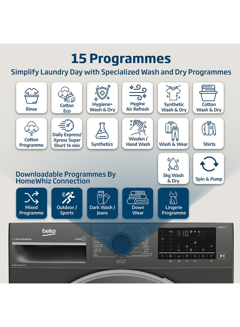 Beko - 8/5 kg Washer/Dryer, 1400 RPM, 15 Programmes, Low Noise, Wash & Wear Programme, SteamCure Wash, Hygiene+ Wash & Dry, Quick wash 14/28 Minutes, 10 Years Warranty on ProSmart Inverter Motor WD8514M Manhattan Grey - Image 1