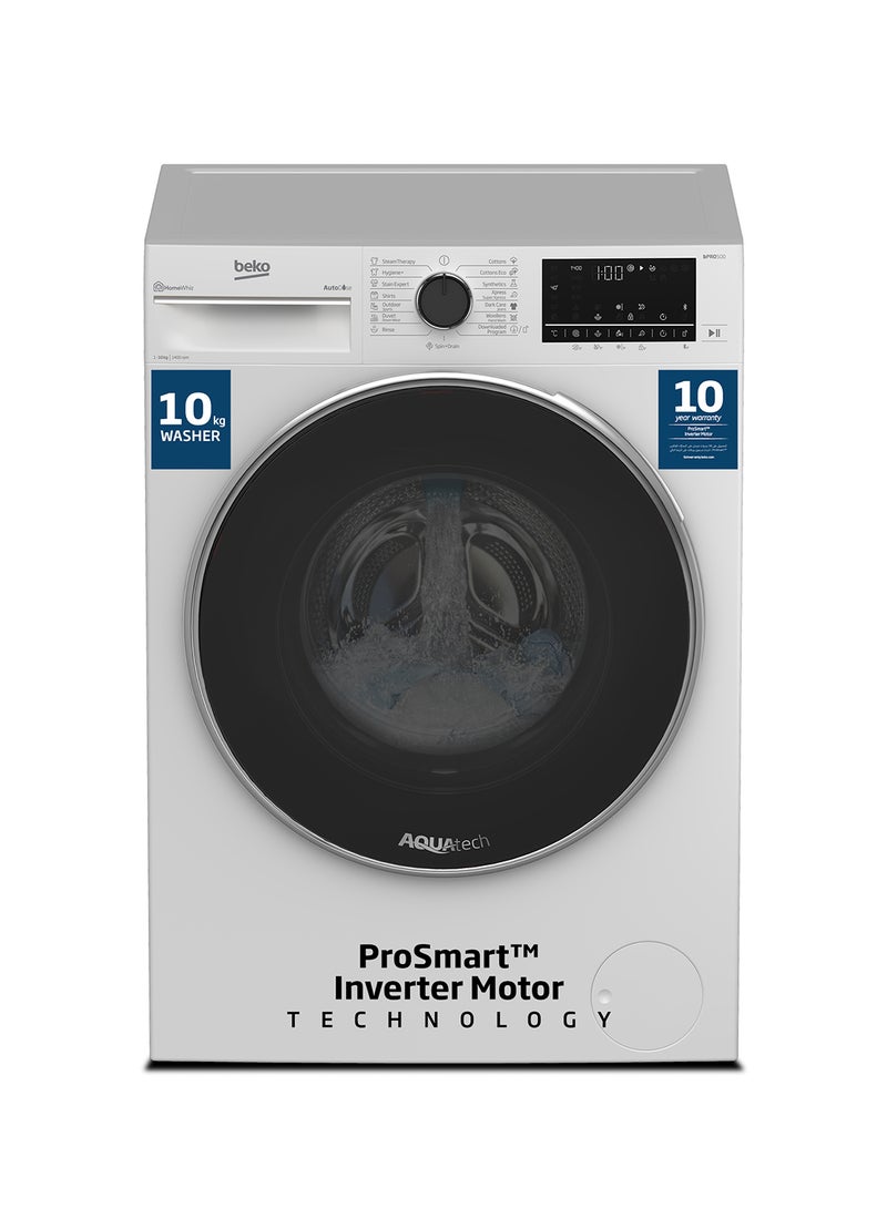 Beko - 10 kg Front Load Washing Machine, 1400 RPM, 15 Programmes, Low Noise, Quick wash 14/28 Minutes, AquaTech Technology, AutoDose, SteamTherapy, StainExpert, Digital Display, DrumClean Function, HomeWhiz, 10 Years Warranty on ProSmart Inverter Motor 10 kg WTE1014XW White - Image 1