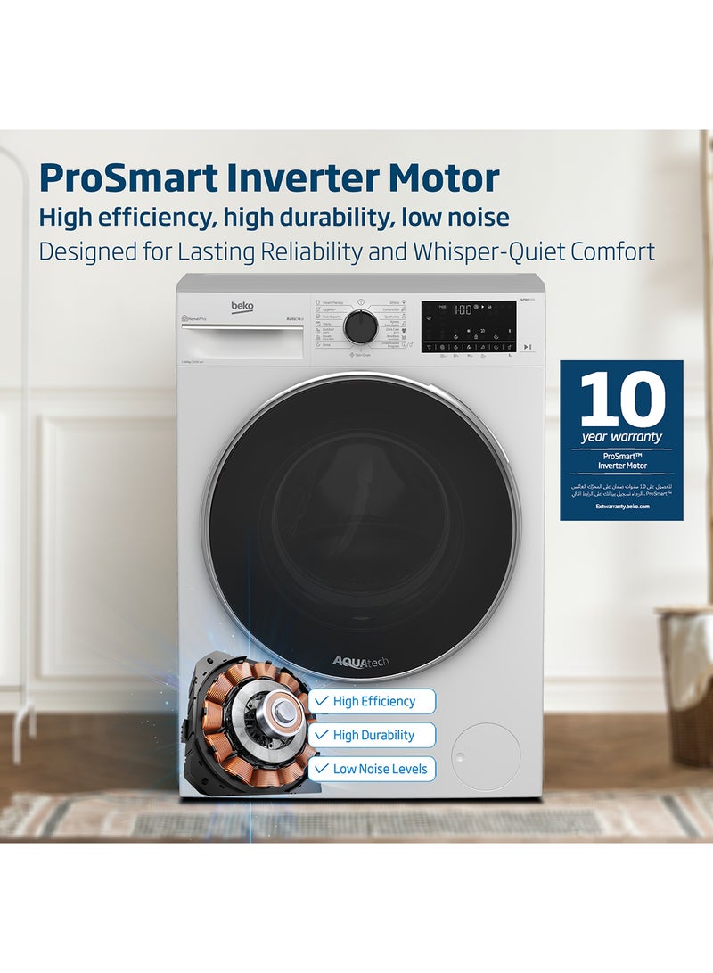 Beko - 10 kg Front Load Washing Machine, 1400 RPM, 15 Programmes, Low Noise, Quick wash 14/28 Minutes, AquaTech Technology, AutoDose, SteamTherapy, StainExpert, Digital Display, DrumClean Function, HomeWhiz, 10 Years Warranty on ProSmart Inverter Motor 10 kg WTE1014XW White - Image 1