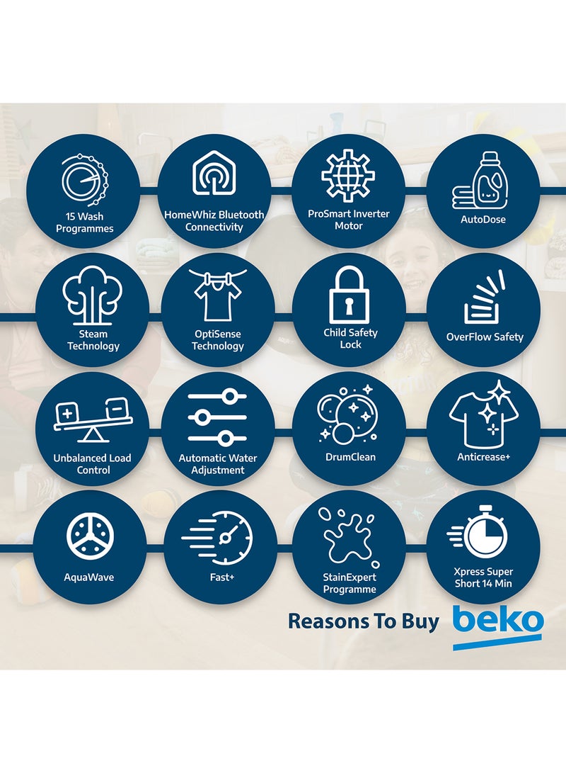 Beko - 10 kg Front Load Washing Machine, 1400 RPM, 15 Programmes, Low Noise, Quick wash 14/28 Minutes, AquaTech Technology, AutoDose, SteamTherapy, StainExpert, Digital Display, DrumClean Function, HomeWhiz, 10 Years Warranty on ProSmart Inverter Motor 10 kg WTE1014XW White - Image 1