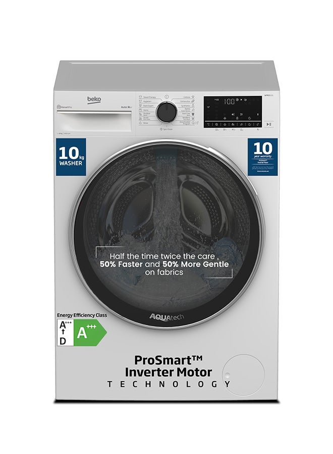 بيكو غسالة ملابس تحميل أمامي 10 كجم، 1400 دورة في الدقيقة، 15 برنامج، ضوضاء منخفضة، غسيل سريع 14/28 دقيقة، تقنية AquaTech، AutoDose، SteamTherapy، StainExpert، شاشة رقمية، وظيفة DrumClean، HomeWhiz، ضمان 10 سنوات على محرك ProSmart Inverter - Image 1