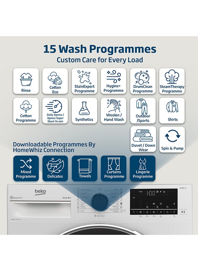 بيكو غسالة ملابس تحميل أمامي 10 كجم، 1400 دورة في الدقيقة، 15 برنامج، ضوضاء منخفضة، غسيل سريع 14/28 دقيقة، تقنية AquaTech، AutoDose، SteamTherapy، StainExpert، شاشة رقمية، وظيفة DrumClean، HomeWhiz، ضمان 10 سنوات على محرك ProSmart Inverter - Image 3