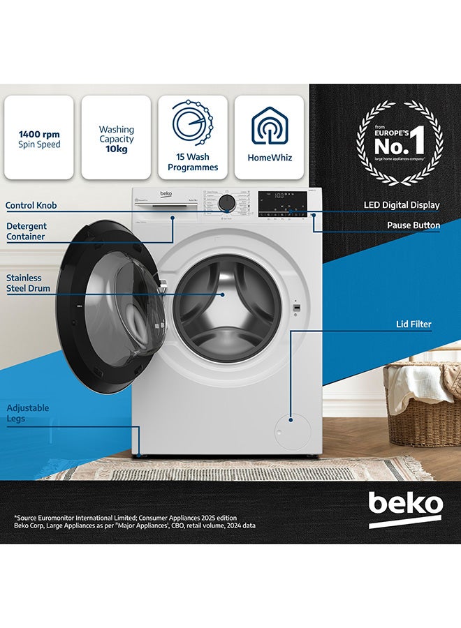 بيكو غسالة ملابس تحميل أمامي 10 كجم، 1400 دورة في الدقيقة، 15 برنامج، ضوضاء منخفضة، غسيل سريع 14/28 دقيقة، تقنية AquaTech، AutoDose، SteamTherapy، StainExpert، شاشة رقمية، وظيفة DrumClean، HomeWhiz، ضمان 10 سنوات على محرك ProSmart Inverter - Image 2