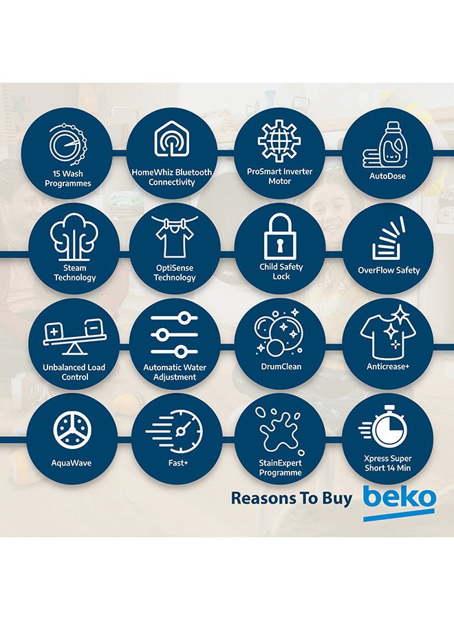 بيكو غسالة ملابس تحميل أمامي 10 كجم، 1400 دورة في الدقيقة، 15 برنامج، ضوضاء منخفضة، غسيل سريع 14/28 دقيقة، تقنية AquaTech، AutoDose، SteamTherapy، StainExpert، شاشة رقمية، وظيفة DrumClean، HomeWhiz، ضمان 10 سنوات على محرك ProSmart Inverter - Image 5