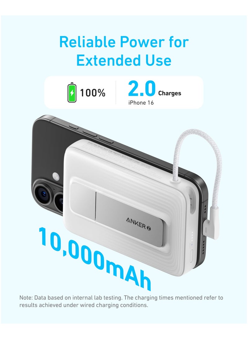 Anker - 10000 mAh Zolo Magnetic Power Bank, 10,000mAh Wireless Portable Charger with 30W Max Fast Charging, Battery Pack with Built-in USB-C Cable and Adjustable Stand, for iPhone16/15 Series, AirPods, and More White - Image 1