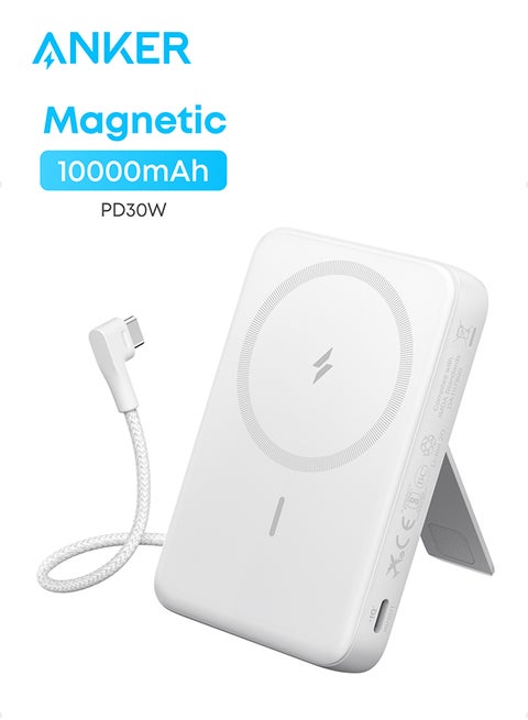10000 mAh Zolo Magnetic Power Bank, 10,000mAh Wireless Portable Charger with 30W Max Fast Charging, Battery Pack with Built-in USB-C Cable and Adjustable Stand, for iPhone16/15 Series, AirPods, and More White