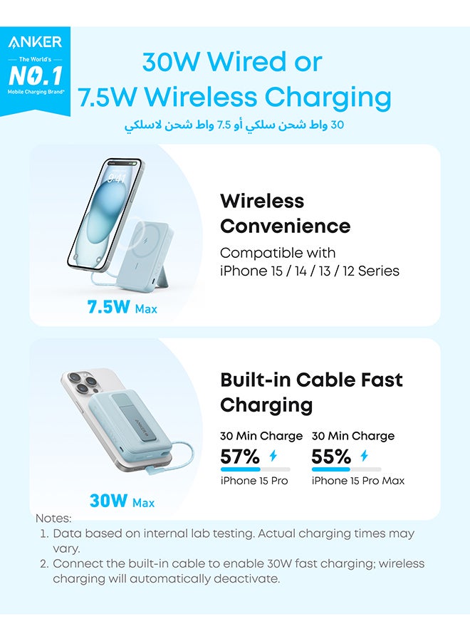 Anker 10000 mAh Zolo Magnetic Power Bank, 10,000mAh Wireless Portable Charger with 30W Max Fast Charging, Battery Pack with Built-in USB-C Cable and Adjustable Stand, for iPhone16/15 Series, AirPods, and More White  - Image 3