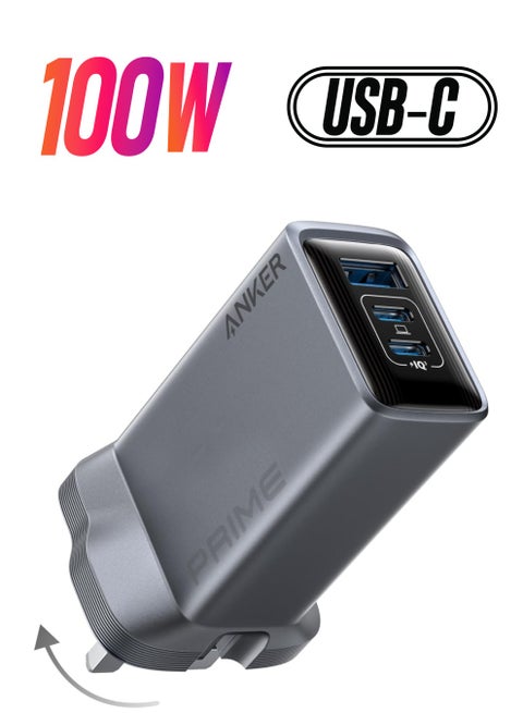 Prime 100W USB C Charger, 3-Port Foldable and Compact GaN Charger, For MacBook Pro/Air, iPad Pro, iPhone 16/15/14 Series, Samsung S25/S24, Note20, Pixelbook, Apple Watch, and More Silver