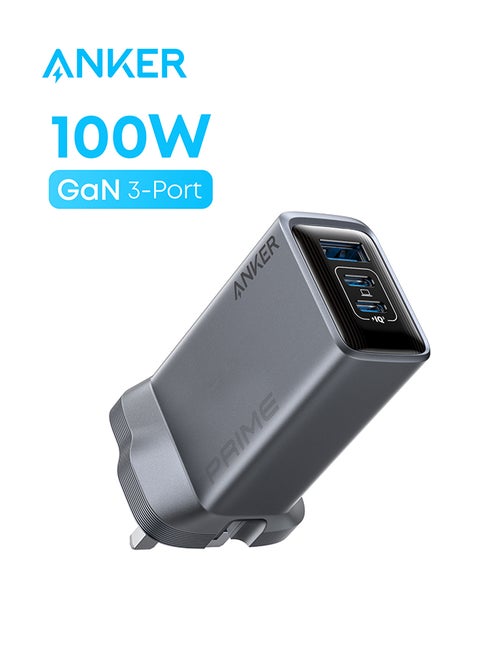 Prime 100W USB C Charger, 3-Port Foldable and Compact GaN Charger, For MacBook Pro/Air, iPad Pro, iPhone 16/15/14 Series, Samsung S25/S24, Note20, Pixelbook, Apple Watch, and More Silver