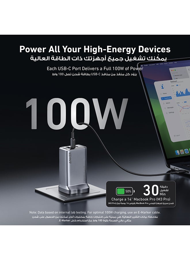 Prime 100W USB C Charger, 3-Port Foldable and Compact GaN Charger, For MacBook Pro/Air, iPad Pro, iPhone 16/15/14 Series, Samsung S25/S24, Note20, Pixelbook, Apple Watch, and More Silver