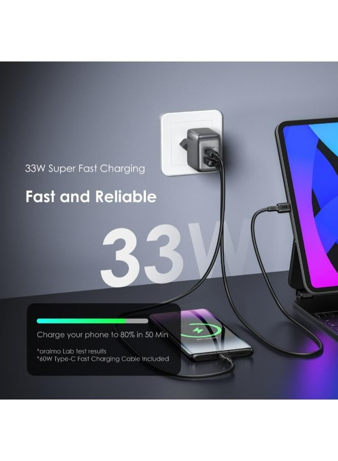 أورايمو - Oraimo PowerGan 33W fast Charger  Pro Dual Output OCW-7331E+C54 Compact Durable Design Fast Charging Free Cable 3A Type-C Black - Image 1