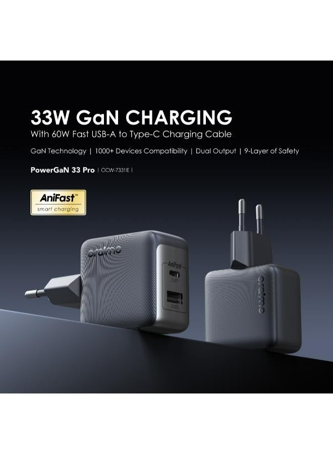 أورايمو - Oraimo PowerGan 33W fast Charger  Pro Dual Output OCW-7331E+C54 Compact Durable Design Fast Charging Free Cable 3A Type-C Black - Image 1