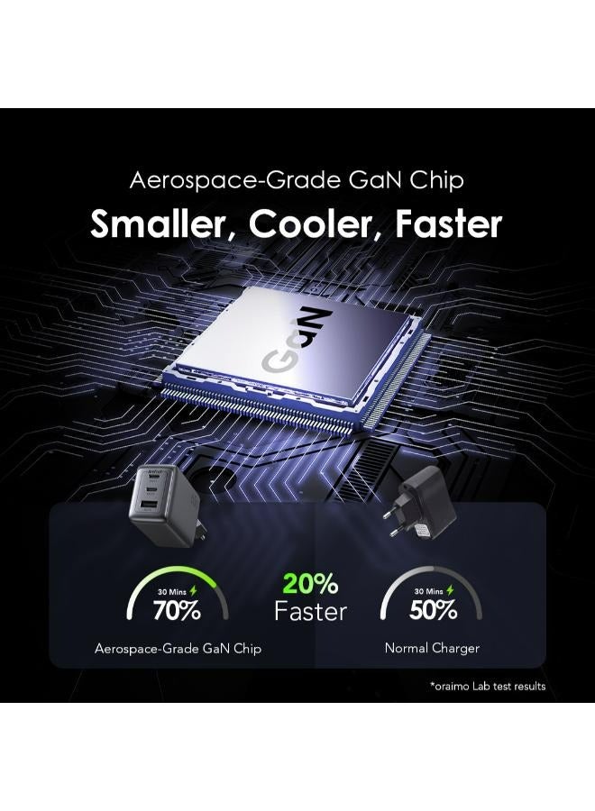 Oraimo - Oraimo PowerGan 65W Fast Charger Pro - Dual Output OCW-7652E+116CC, Laptop Fast Charging, Free Type-C Cable, Compatible with Samsung Galaxy S24/S23/S22 Series, iPhone 15/16 Series - 50.5 x 48.5 x 75.6cm Black - Image 1