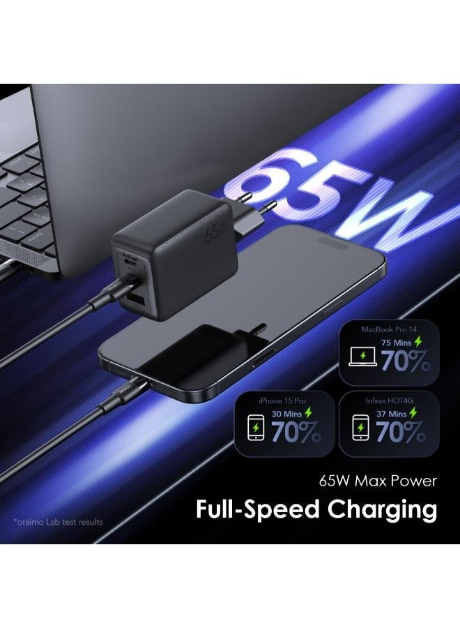 Oraimo - Oraimo PowerGan 65W Fast Charger Pro - Dual Output OCW-7652E+116CC, Laptop Fast Charging, Free Type-C Cable, Compatible with Samsung Galaxy S24/S23/S22 Series, iPhone 15/16 Series - 50.5 x 48.5 x 75.6cm Black - Image 1