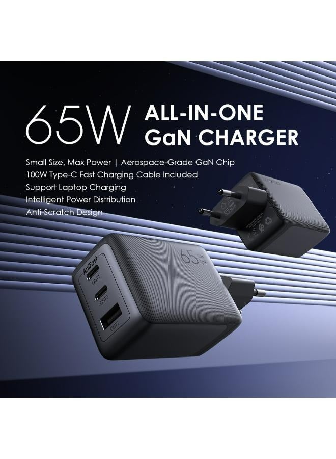 Oraimo - Oraimo PowerGan 65W Fast Charger Pro - Dual Output OCW-7652E+116CC, Laptop Fast Charging, Free Type-C Cable, Compatible with Samsung Galaxy S24/S23/S22 Series, iPhone 15/16 Series - 50.5 x 48.5 x 75.6cm Black - Image 1