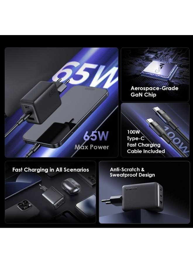 Oraimo - Oraimo PowerGan 65W Fast Charger Pro - Dual Output OCW-7652E+116CC, Laptop Fast Charging, Free Type-C Cable, Compatible with Samsung Galaxy S24/S23/S22 Series, iPhone 15/16 Series - 50.5 x 48.5 x 75.6cm Black - Image 1