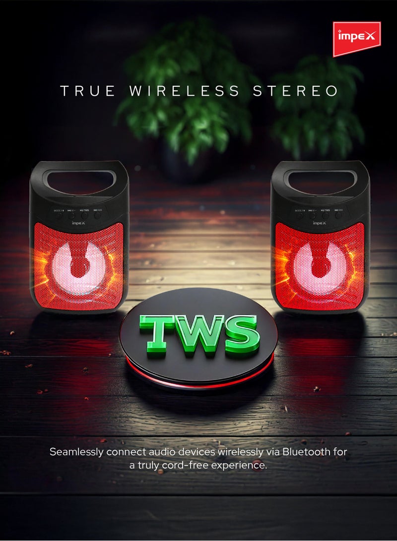 Impex - Portable Bluetooth Speaker, 300W PMPO, 4-Inch Speaker, 7 Colored LED Lights, 800mAh Battery, Bluetooth 5.1, USB, Micro SD, AUX, FM, MIC, TWS Support, Type-C Charging, 10m Range, Black - MOLTO Black - Image 1