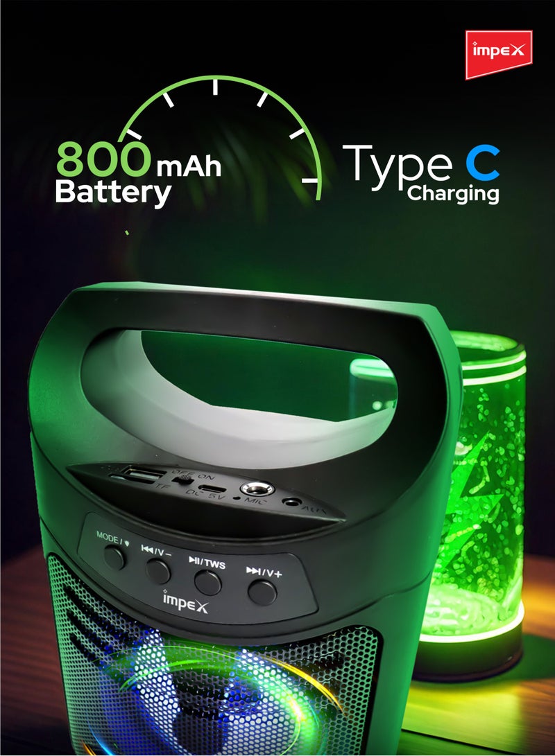 Impex - Portable Bluetooth Speaker, 300W PMPO, 4-Inch Speaker, 7 Colored LED Lights, 800mAh Battery, Bluetooth 5.1, USB, Micro SD, AUX, FM, MIC, TWS Support, Type-C Charging, 10m Range, Black - MOLTO Black - Image 1