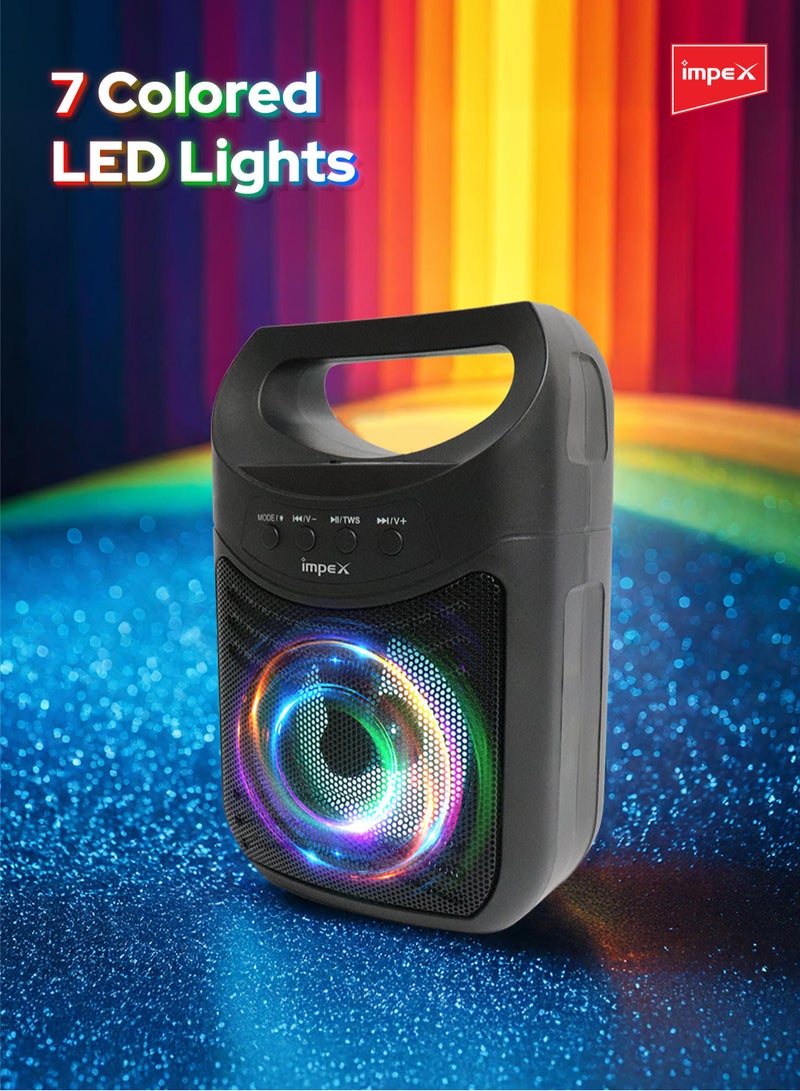 Impex Portable Bluetooth Speaker, 300W PMPO, 4-Inch Speaker, 7 Colored LED Lights, 800mAh Battery, Bluetooth 5.1, USB, Micro SD, AUX, FM, MIC, TWS Support, Type-C Charging, 10m Range, Black - MOLTO Black  - Image 4