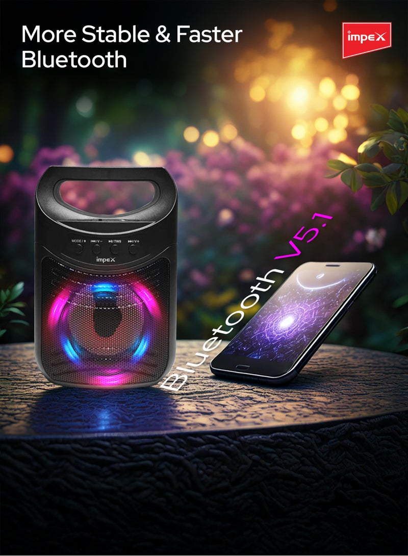 Impex - Portable Bluetooth Speaker, 300W PMPO, 4-Inch Speaker, 7 Colored LED Lights, 800mAh Battery, Bluetooth 5.1, USB, Micro SD, AUX, FM, MIC, TWS Support, Type-C Charging, 10m Range, Black - MOLTO Black - Image 1