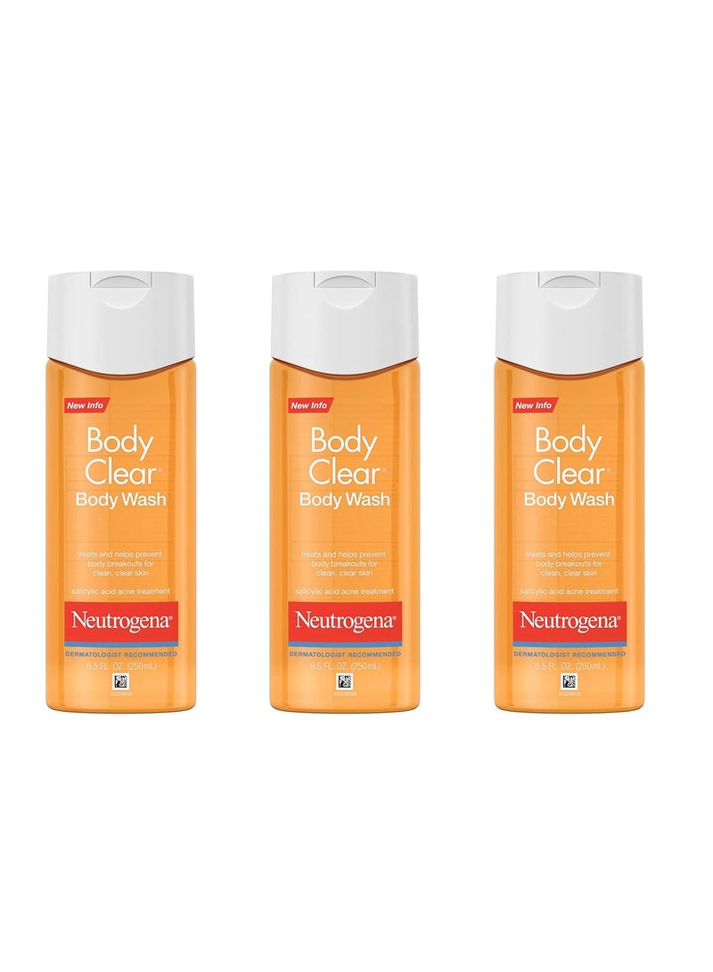 Neutrogena Body Clear Acne Body Wash with Glycerin & 2% Salicylic Acid Acne Medication, Oil-Free Acne Wash for Breakouts on Back, Chest & Shoulders, Non-Comedogenic, 8.5 fl. oz, Pack of 3Fluid Ounce - Image 1