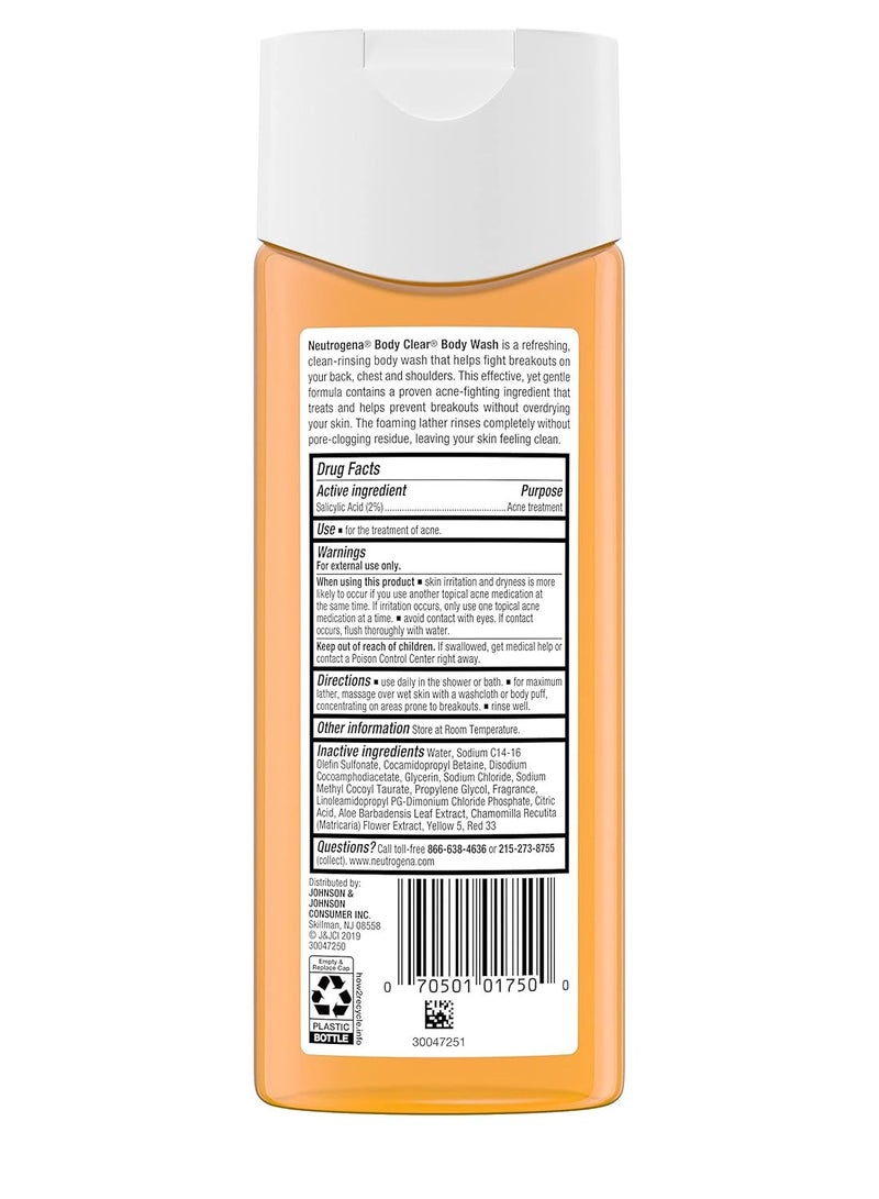 Neutrogena Body Clear Acne Body Wash with Glycerin & 2% Salicylic Acid Acne Medication, Oil-Free Acne Wash for Breakouts on Back, Chest & Shoulders, Non-Comedogenic, 8.5 fl. oz, Pack of 3Fluid Ounce - Image 5