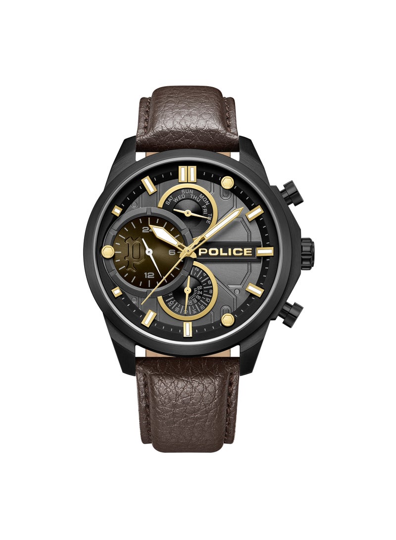 POLICE Men's Reactor Cool Grey Dial Watch with Genuine Leather Strap, 44mm  - Image 1