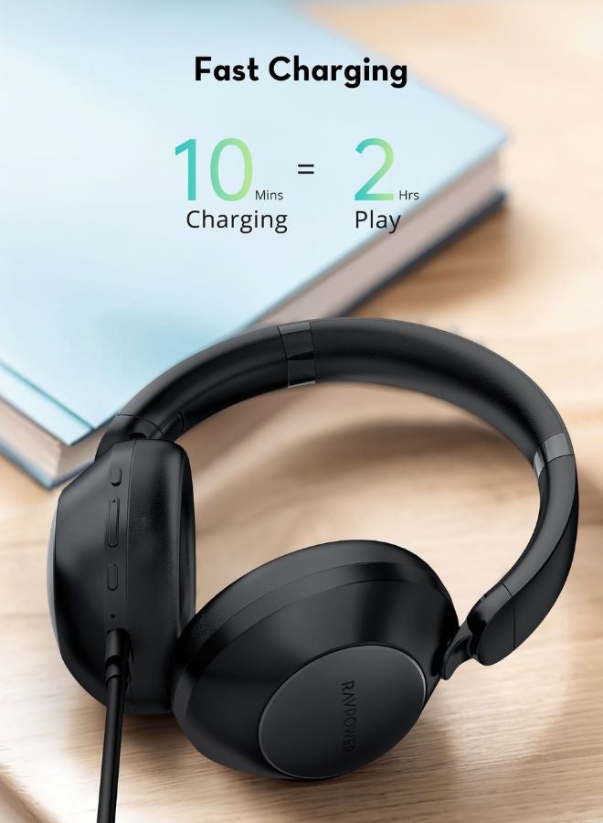 RAVPOWER Over-Ear Wireless Stereo Headphones, ANC & ENC Noise Cancelling, 55H Battery Life, Ultra-Soft Cushions, Foldable Design Black  - Image 5