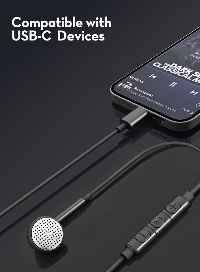 RAVPOWER - Mono Earphone with USB-C Plug, In-Line Remote Control, Hands-Free Calling, Comfortable Fit Black - Image 1