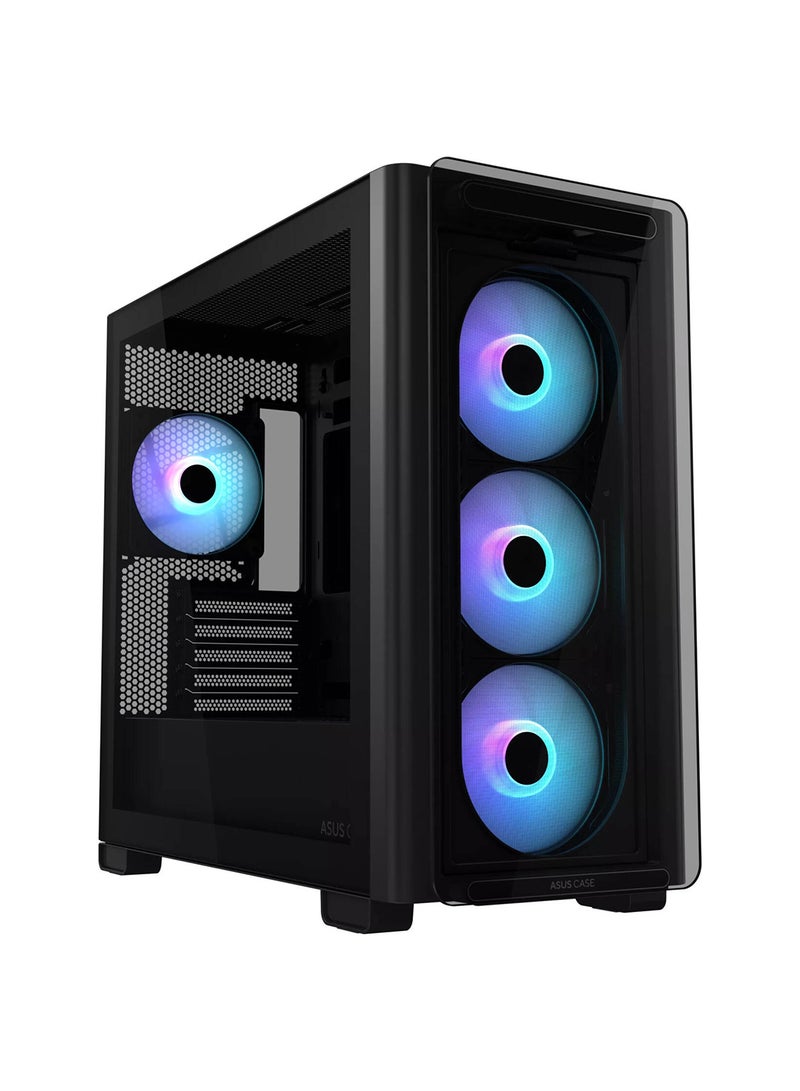 ASUS - A23 Plus Computer Case, 4x Pre-Installed aRGB Fans, Up to 360mm Radiator & 7x 120mm Fan Support, 380mm Graphics Card Compatible, Front Panel USB Type-C I/O, 90DC00K0-B19010 Black - Image 1