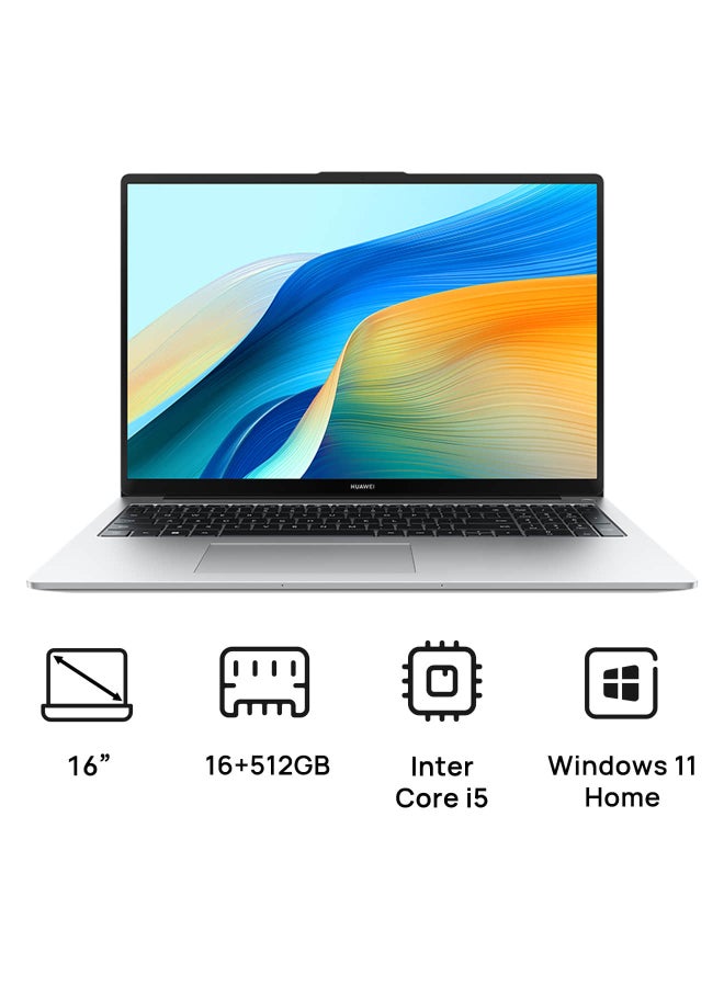 هواوي - MateBook D 16 Laptop with 16 Inch FULL HD (1920x1200) Display,Core i5-13420H Processor/16GB RAM DDR4/512GB SSD/Intel Iris XE/Windows 11 Home English/Arabic Mystic Silver - Image 1