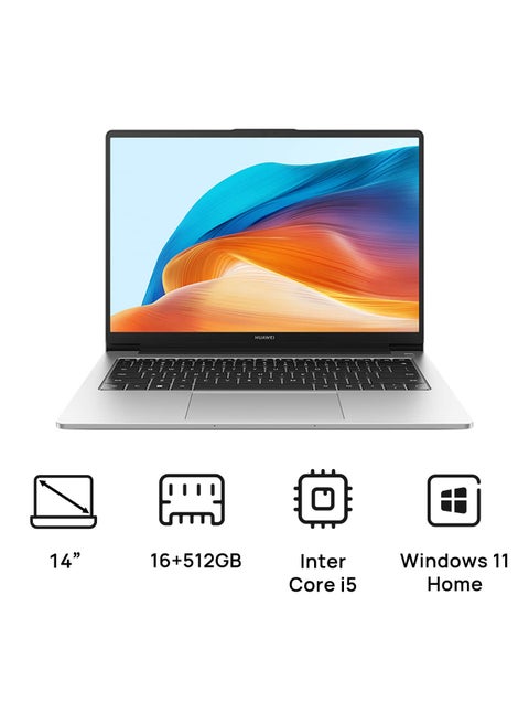 MateBook D 14 Laptop With 14-Inch Full HD Display, 13th Core i5-13420H processor/16GB RAM/512GB SSD/Intel Iris XE Graphics/Windows 11 Home/ English/Arabic Mystic Silver