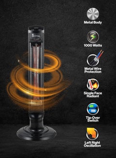 Royal Electric Room Heater | Tower Space 3D Helogin Heater | Power: 2x500W | Left/Right Oscillation | Tip-Over Switch Protection | Easy to Carry Through Handle 1000 W Electric Room Heater RA-VHH1420  - Image 2