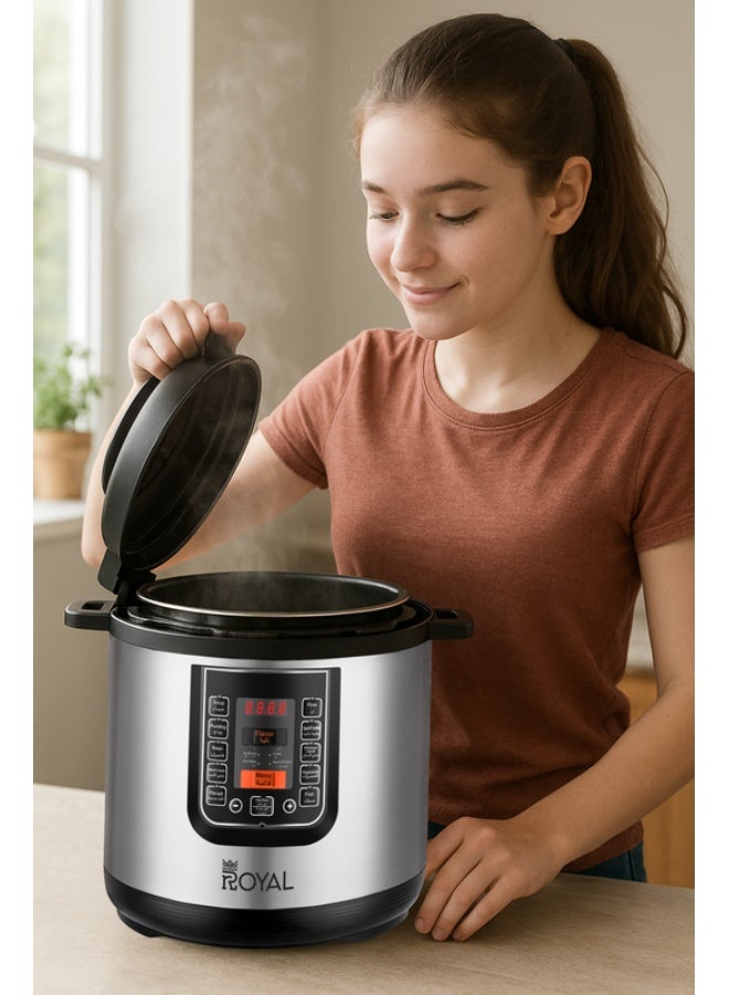 Royal Electric Pressure Cooker Multi Functional 12in1 | Capacity: 10 Liters | Pressure cooker, Saute/ Browning, Slow cooker, Rice Cooker, Steamer, Yogurt maker & Warmer | LCD Display 10 L 1300 W RA-PC1039 Black & Silver - Image 4