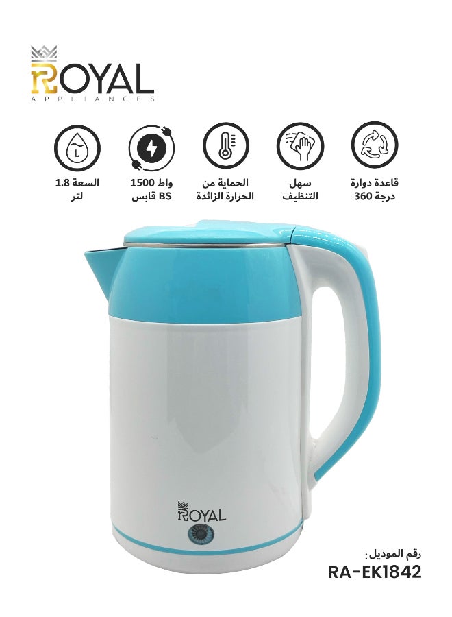 Royal Electric Kettle 1.8L 1500W Dual Sensor Overheat Protection – RA-EK1842 White & Blue 1.8 L 1500 W RA-EK1842 White & Blue
