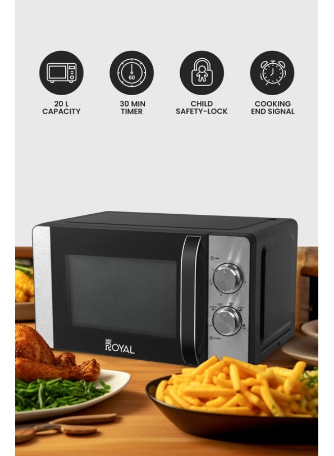 Manual Microwave Oven, 6 Power Leves, 30 min Timer, Child Safety-Lock, Cooking End Signal, Easy Pull Chrome Handle 20 L 700 W RA-20XM2 Black Silver
