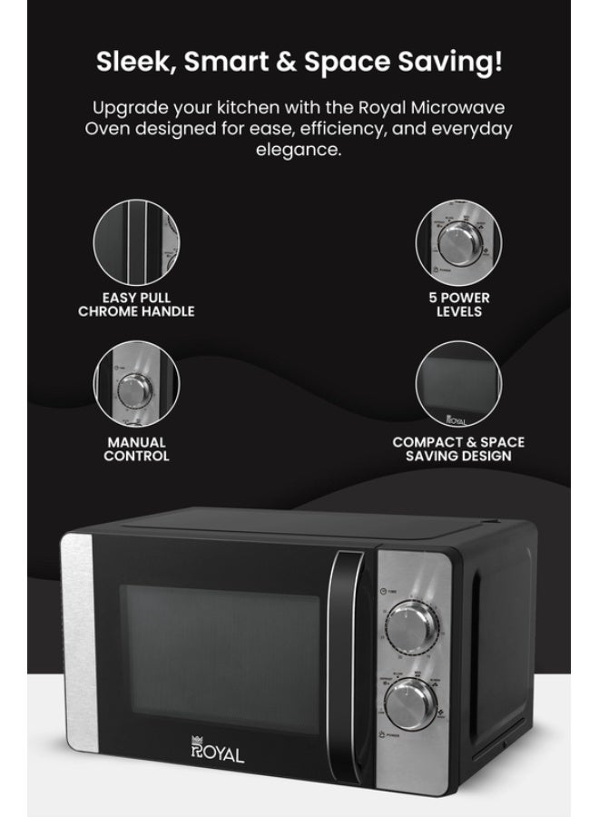 Manual Microwave Oven, 6 Power Leves, 30 min Timer, Child Safety-Lock, Cooking End Signal, Easy Pull Chrome Handle 20 L 700 W RA-20XM2 Black Silver