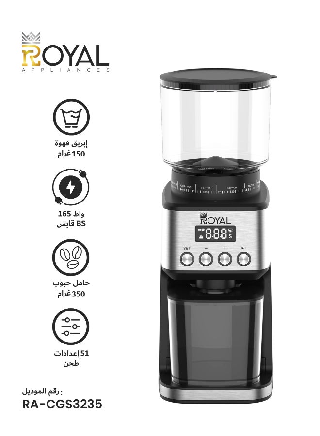 Royal Coffee Grinder 165W Stainless Steel Body – Turkish Fine, Espresso, V60, 350g Coffee Bean Holder Capacity, With Porta-Filter Holders, 51 Grinding Settings 165 W RA-CGS3235 - Image 1