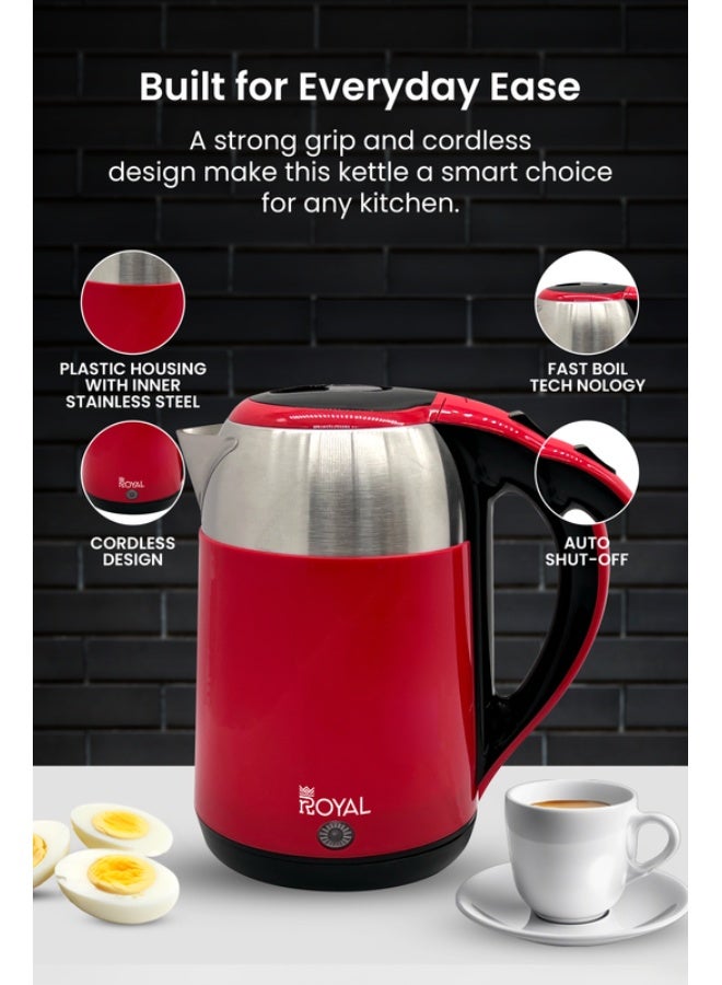Royal Electric Kettle Plastic Housing with Inner Stainless Steel, Dual Sensor & Over Heat Protection, 1.8 L 1500 W RA-EK1864 Red & Silver - Image 3