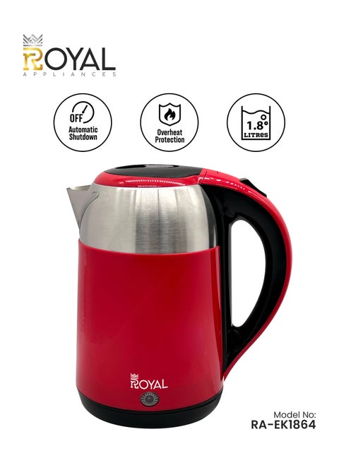 Electric Kettle Plastic Housing with Inner Stainless Steel, Dual Sensor & Over Heat Protection, 1.8 L 1500 W RA-EK1864 Red & Silver