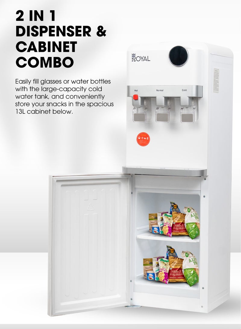 رويال Stand Water Dispenser With Cabinet/ 3 Taps Hot, Cold & Normal/ Child Safety Lock/ RA-WD300-WCW White  - Image 1
